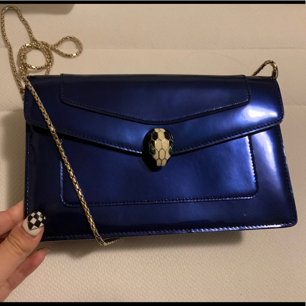 bvlgari metallic blue small wallet on chain